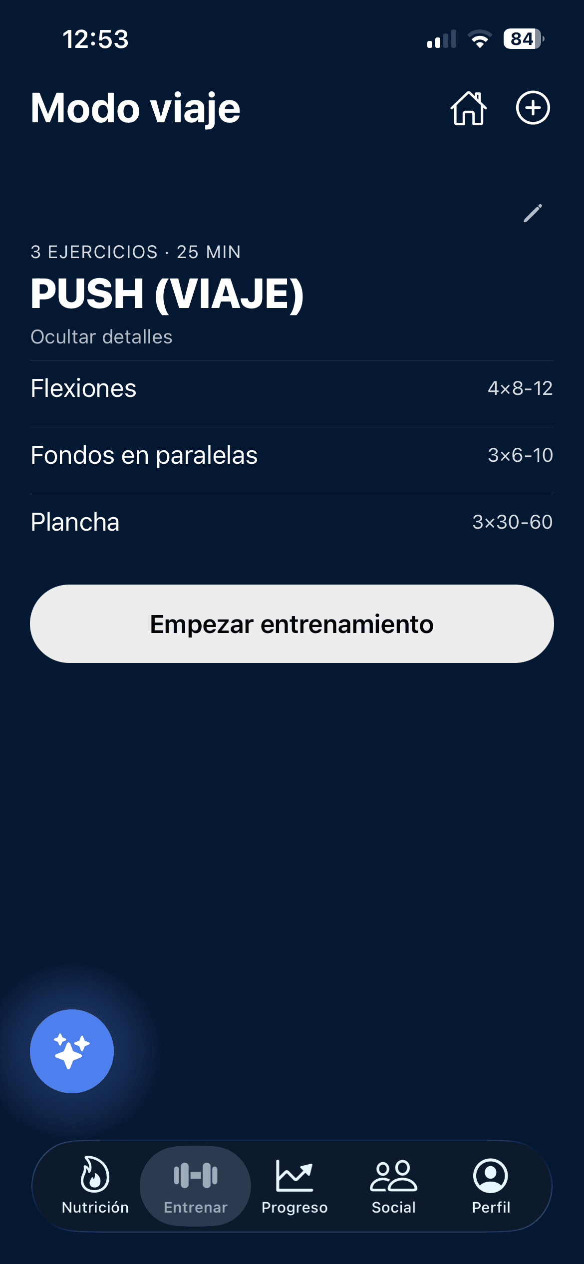 Pantalla de modo viaje adaptando la rutina al equipo disponible en la app Krilo