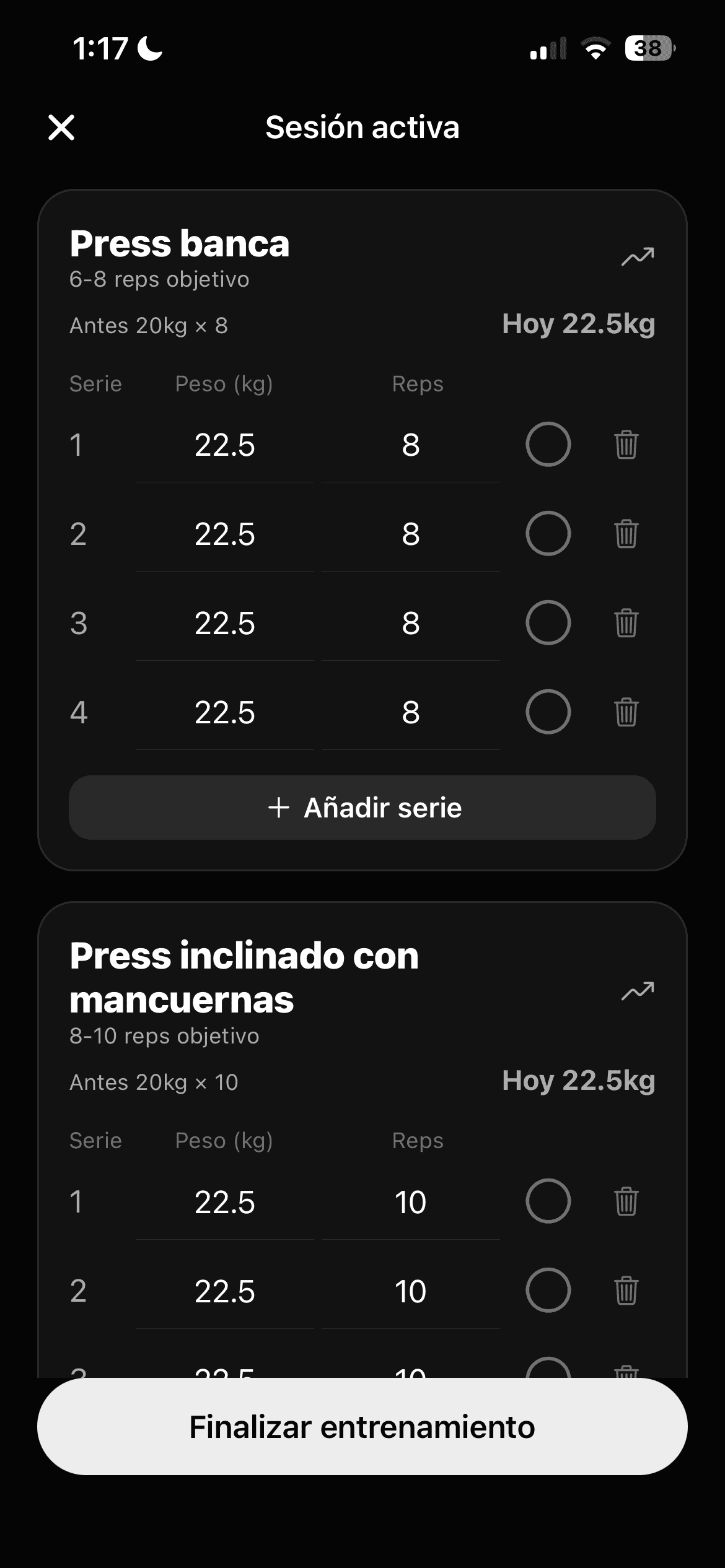 Pantalla de sesión de entrenamiento activa en la app Krilo