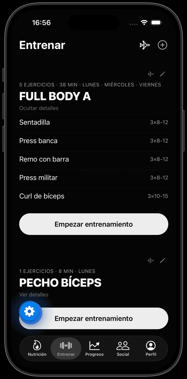 Pantalla de rutinas de entrenamiento en la app Krilo