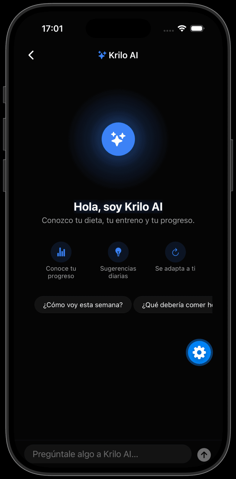 Pantalla de Krilo AI respondiendo sobre progreso y nutrición
