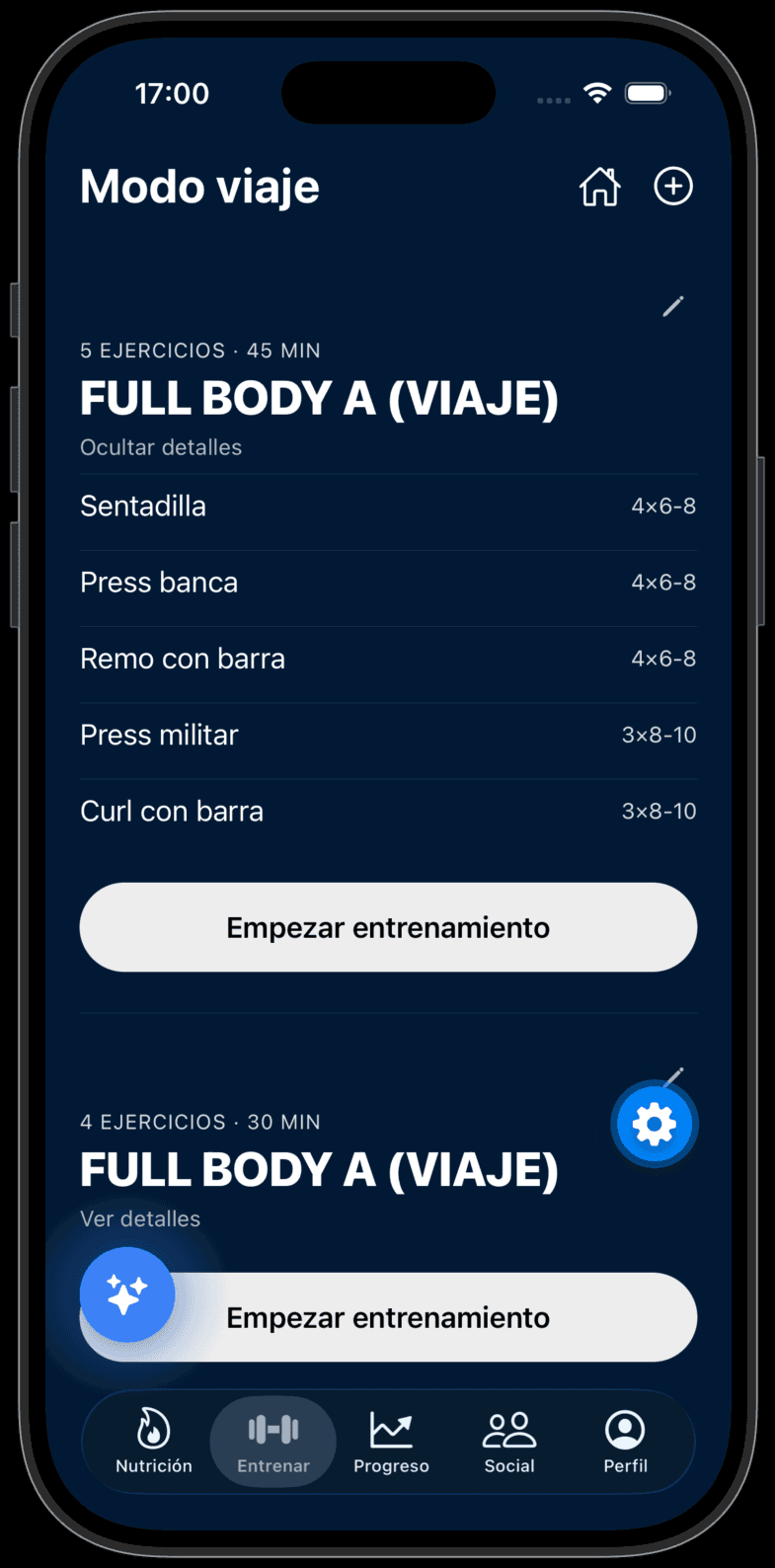 Pantalla de modo viaje adaptando la rutina al equipo disponible en la app Krilo