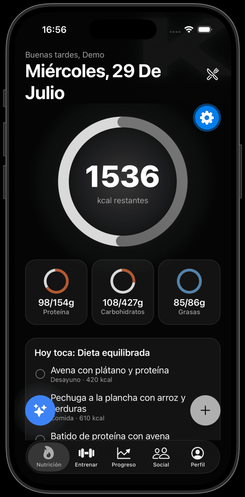 Pantalla de seguimiento de nutrición y macros en la app Krilo