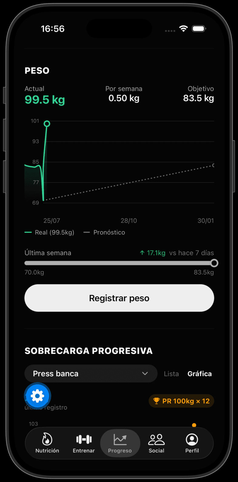Pantalla de progreso de peso y sobrecarga progresiva en la app Krilo