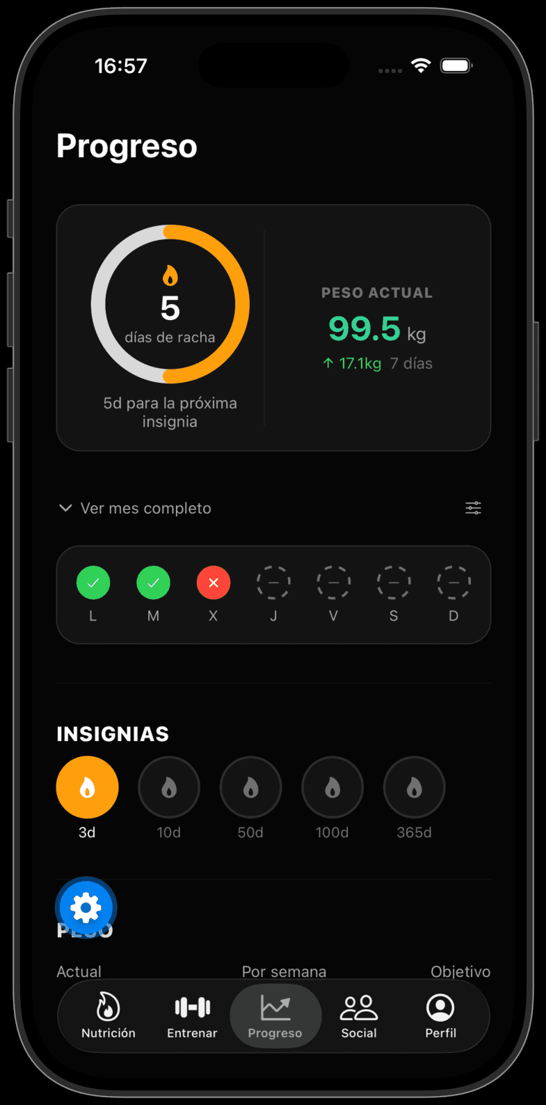 Pantalla de progreso, racha e insignias en la app Krilo